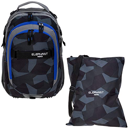 Elephant 2 Teile Set Schulrucksack HERO SIGNATURE Rucksack + Turnbeutel ATTACH BAG (Cyber Camo Blau) von Elephant