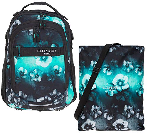 Elephant 2 Teile Set Schulrucksack HERO SIGNATURE Rucksack + Turnbeutel ATTACH BAG (Flower Türkis-Schwarz) von Elephant