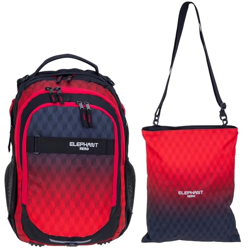 Elephant 2 Teile Set Schulrucksack HERO SIGNATURE Rucksack + Turnbeutel ATTACH BAG (Red Cube 12868) von Elephant