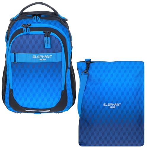 Elephant 2 Teile Set Schulrucksack Hero Signature Rucksack + Turnbeutel Attach Bag (Dark Blue Cube 12868) von Elephant