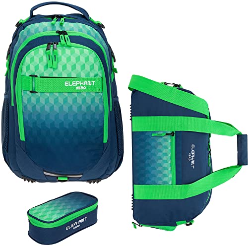 ELEPHANT 3 Teile Set Schulrucksack Jungen Mädchen Signature Hero 2 Schultasche Laptopfach Rucksack + Sporttasche + Mäppchen Box (Blue Cube 12810 (Blau Grün)) von ELEPHANT