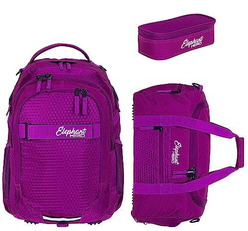 Elephant 3 Teile Set Schulrucksack Jungen Mädchen Signature Hero 2 Schultasche Laptopfach Rucksack + Sporttasche + Mäppchen Box (Wild Berry 12993 (Violett)) von Elephant