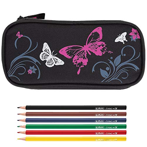 Elephant Mäppchen Mädchen Etui Federtasche Mäppchenbox groß Pennal Schülermäppchen Pencil case Box Large 12800 + 6 Stifte (Butterfly Pink (Schwarz/Pink)) von Elephant