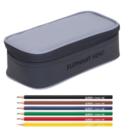 Elephant Mäppchen Mädchen Etui Federtasche Mäppchenbox groß Pennal Schülermäppchen Pencil case Box Large 12800 + 6 Stifte (Color Block Grau Grün 13044) von Elephant