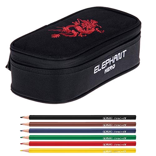 Elephant Mäppchen Mädchen Etui Federtasche Mäppchenbox groß Pennal Schülermäppchen Pencil case Box Large 12800 + 6 Stifte (Dragon Red (Schwarz Rot) von Elephant