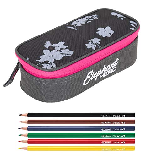 Elephant Mäppchen Mädchen Etui Federtasche Mäppchenbox groß Pennal Schülermäppchen Pencil case Box Large 12800 + 6 Stifte (Grey Flower (Grau/Pink Zip)) von Elephant