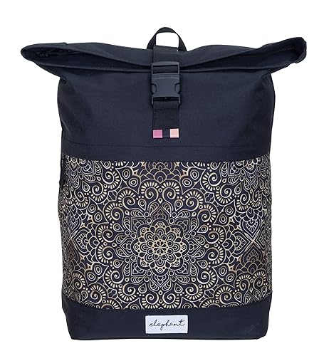 Rucksack Damen Mädchen Freizeitrucksack Sport Reise Schule DIN A4 Roll-Top mit Laptopfach Geheimfach Anti-Theft Daypack Large Flower 13038 (black ethno) von Elephant