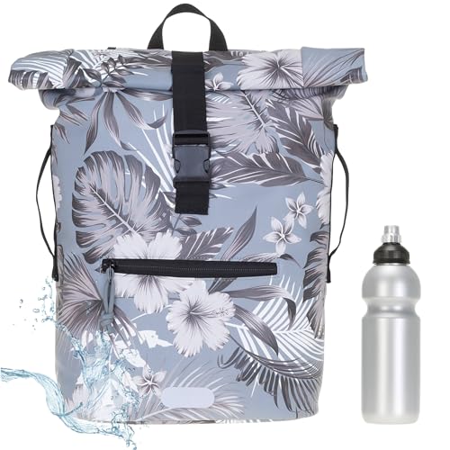 Rucksack Herren Plane Time Bag Kurierrucksack Roll-Top Fahrradrucksack Sport Fitness Damen 23 Liter A4 12821 + Flasche (12818 Grey Flower (1)) von Elephant