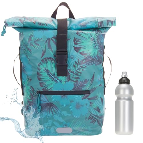 Rucksack Herren Plane Time Bag Kurierrucksack Roll-Top Fahrradrucksack Sport Fitness Damen 23 Liter A4 12821 + Flasche (12818 Petrol Flower (5)) von Elephant