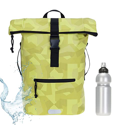 Rucksack Herren Plane Time Bag Kurierrucksack Roll-Top Fahrradrucksack Sport Fitness Damen 23 Liter A4 12821 + Flasche (12824 Cyber Camo Gelb) von Elephant