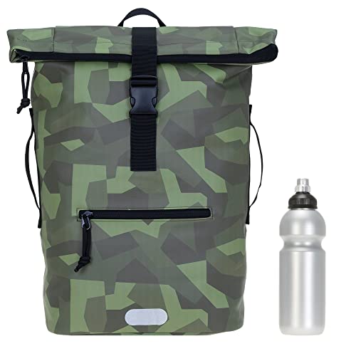 Rucksack Herren Plane Time Bag Kurierrucksack Roll-Top Fahrradrucksack Sport Fitness Damen 23 Liter A4 12821 + Flasche (12824 Cyber Camo Oliv) von Elephant