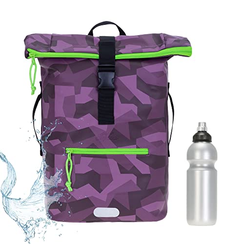 Rucksack Herren Plane Time Bag Kurierrucksack Roll-Top Fahrradrucksack Sport Fitness Damen 23 Liter A4 12821 + Flasche (12824 Cyber Camo Violett) von Elephant