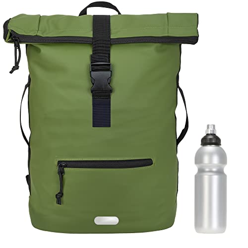 Elephant Rucksack Herren Plane Time Bag Kurierrucksack Roll-Top Fahrradrucksack Sport Fitness Damen 23 Liter A4 12821 + Flasche (12825 Oliv Uni) von Elephant