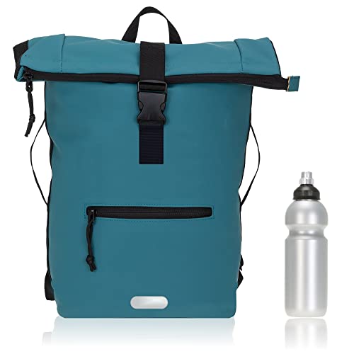 Rucksack Herren Plane Time Bag Kurierrucksack Roll-Top Fahrradrucksack Sport Fitness Damen 23 Liter A4 12821 + Flasche (12825 Petrol Uni) von Elephant