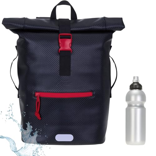 Elephant Rucksack Herren Plane Time Bag Kurierrucksack Roll-Top Fahrradrucksack Sport Fitness Damen 23 Liter A4 12821 + Flasche (Carbon Black RED 13075) von Elephant