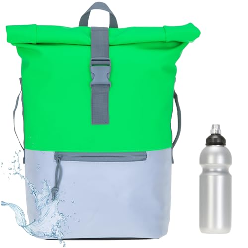 Rucksack Herren Plane Time Bag Kurierrucksack Roll-Top Fahrradrucksack Sport Fitness Damen 23 Liter A4 12821 + Flasche (Neon Grün Reflektor 12832) von Elephant