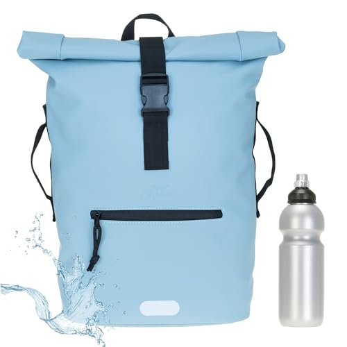 Rucksack Herren Plane Time Bag Kurierrucksack Roll-Top Fahrradrucksack Sport Fitness Damen 23 Liter A4 12821 + Flasche (Pastell Hellblau (3) 12825) von Elephant