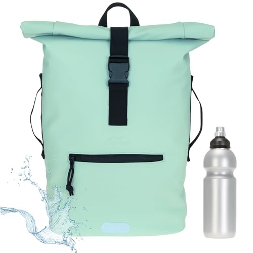 Rucksack Herren Plane Time Bag Kurierrucksack Roll-Top Fahrradrucksack Sport Fitness Damen 23 Liter A4 12821 + Flasche (Pastell Mint Grün (1) 12825) von Elephant