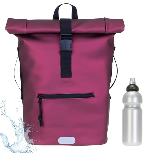 Elephant Rucksack Herren Plane Time Bag Kurierrucksack Roll-Top Fahrradrucksack Sport Fitness Damen 23 Liter A4 12821 + Flasche (Red Metallic 13074) von Elephant