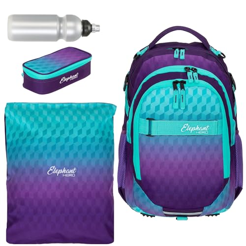 Elephant Schulrucksack 4 Teile Set Hero Signature Jungen Mädchen Rucksack Sportbeutel Mäppchen Flasche 12723 (Violet Cube (Lila Türkis) 12868) von Elephant