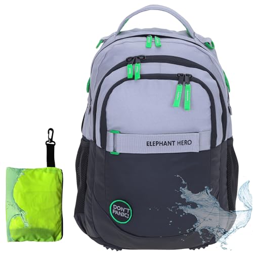 Elephant Schulrucksack Hero Signature Rucksack Schultasche Schulmappe Daypack Mädchen mit Regenhülle +r (Color Block Grau Grün 13047) von Elephant