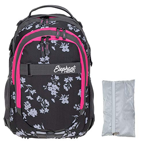 Elephant Schulrucksack Hero Signature Rucksack Schultasche Schulmappe Daypack Mädchen mit Regenhülle +r (Grey Flower (Grau/Pink Zip)) von Elephant