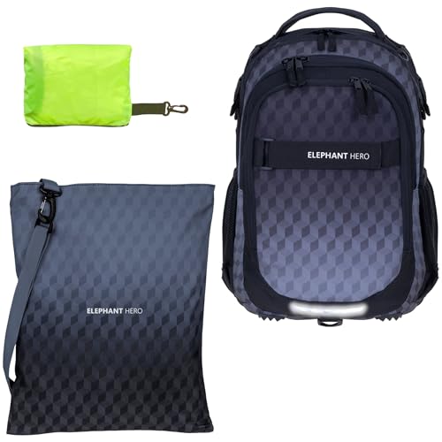 Schulrucksack Jungen Mädchen ab 3. Klasse Schule Tasche Brustgurt Schultasche Rucksack mit Sportbeutel Attach Bag und Regenhülle Premium 3 Teile Set Auswahl rtp (Black Cube 12868) von Elephant
