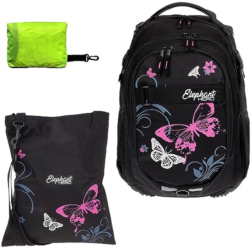Schulrucksack Jungen Mädchen ab 3. Klasse Schule Tasche Brustgurt Schultasche Rucksack mit Sportbeutel Attach Bag und Regenhülle Premium 3 Teile Set Auswahl rtp (Butterfly Pink 12679) von Elephant