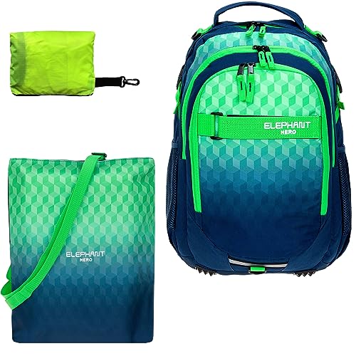 ELEPHANT Schulrucksack Jungen Mädchen ab 3. Klasse Schule Tasche Brustgurt Schultasche Rucksack mit Sportbeutel Attach Bag und Regenhülle Premium 3 Teile Set Auswahl rtp (Cube Green 12810) von ELEPHANT