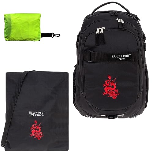 Schulrucksack Jungen Mädchen ab 3. Klasse Schule Tasche Brustgurt Schultasche Rucksack mit Sportbeutel Attach Bag und Regenhülle Premium 3 Teile Set Auswahl rtp (Dragon Schwarz 12645) von Elephant
