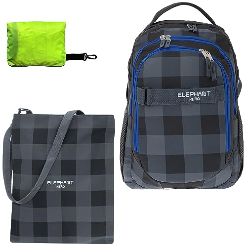 ELEPHANT Schulrucksack Jungen Mädchen ab 3. Klasse Schule Tasche Brustgurt Schultasche Rucksack mit Sportbeutel Attach Bag und Regenhülle Premium 3 Teile Set Auswahl rtp (Plaid Schwarz Blau 12609) von ELEPHANT