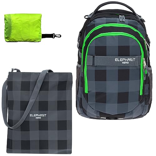 ELEPHANT Schulrucksack Jungen Mädchen ab 3. Klasse Schule Tasche Brustgurt Schultasche Rucksack mit Sportbeutel Attach Bag und Regenhülle Premium 3 Teile Set Auswahl rtp (Plaid Schwarz Grün 12609) von ELEPHANT