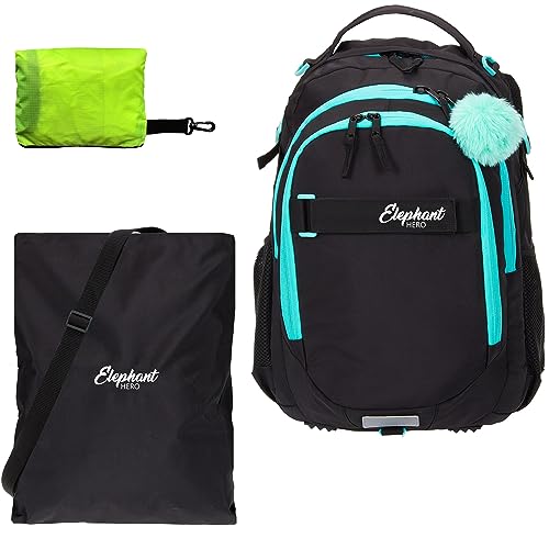 Schulrucksack Jungen Mädchen ab 3. Klasse Schule Tasche Brustgurt Schultasche Rucksack mit Sportbeutel Attach Bag und Regenhülle Premium 3 Teile Set Auswahl rtp (Tiff Black Türkis 13015) von Elephant