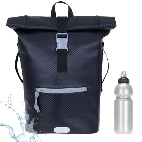 Rucksack Herren Plane Time Bag Kurierrucksack Roll-Top Fahrradrucksack Sport Fitness Damen 23 Liter A4 12821 + Flasche (Carbon Black Grey Asphalt 13075) von Elephant