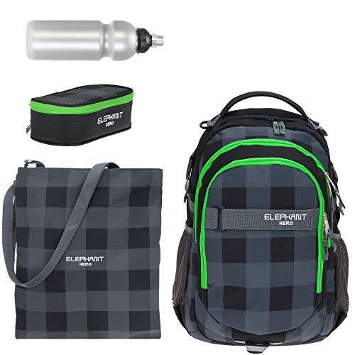 Schulrucksack 4 Teile Set Elephant Hero Signature Jungen Mädchen Rucksack Sportbeutel Mäppchen Flasche 12609 (Plaid Grün (Grün-Grau) rbmbf von Elephant