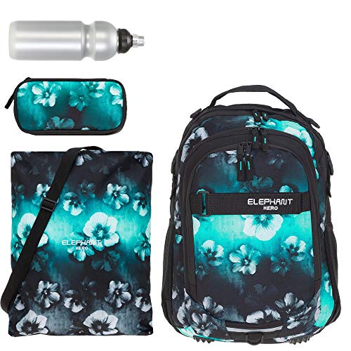 Schulrucksack 4 Teile Set Elephant Hero Signature Jungen Mädchen Rucksack Sportbeutel Mäppchen Flasche 12723 (Flower Schwarz-Türkis (Verlauf)) von Elephant