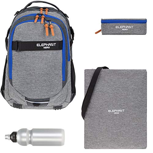 Schulrucksack 4 Teile Set Elephant Hero Signature Jungen Mädchen Rucksack Sportbeutel Mäppchen Flasche 12723 (Two Tone Grey-Blue (grau-blau)) von Elephant