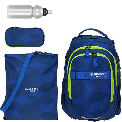 Schulrucksack 4 Teile Set Elephant Hero Signature Jungen Mädchen Rucksack Sportbeutel Mäppchen Flasche 12770 (Blue Cyber Camo NEON) von Elephant