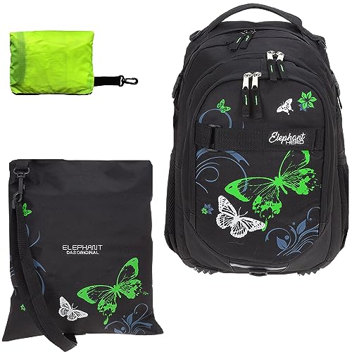 Schulrucksack Jungen Mädchen ab 3. Klasse Schule Tasche Brustgurt Schultasche Rucksack mit Sportbeutel Attach Bag und Regenhülle Premium 3 Teile Set Auswahl rtp (Butterfly Schwarz Gruen 12679) von ELEPHANT