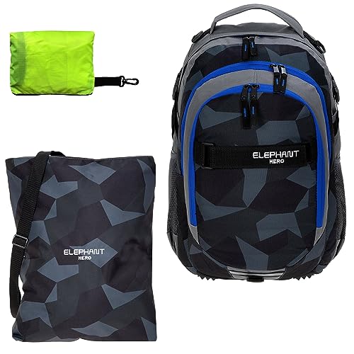 Schulrucksack Jungen Mädchen ab 3. Klasse Schule Tasche Brustgurt Schultasche Rucksack mit Sportbeutel Attach Bag und Regenhülle Premium 3 Teile Set Auswahl rtp (Cyber Camo Schwarz Blau 12770) von ELEPHANT