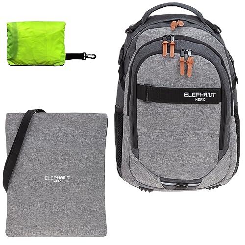 Schulrucksack Jungen Mädchen ab 3. Klasse Schule Tasche Brustgurt Schultasche Rucksack mit Sportbeutel Attach Bag und Regenhülle Premium 3 Teile Set Auswahl rtp (Two Tone Grau Anthrazit 12723) von ELEPHANT