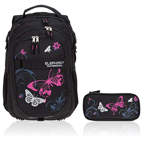 Schulrucksack Mädchen 2 T Set Hero Butterfly Rucksack Schultasche Mäppchen Box 12679 rmb (Butterfly Black Pink) von Elephant