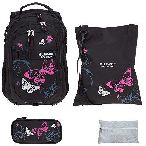 Schulrucksack Mädchen 4 T Set Hero Butterfly Rucksack Schultasche Turnbeutel Mäppchen Box Regenschutz 12679 rbbr (Butterfly Black Pink) von Elephant