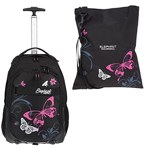Schultrolley 2 Teile Set: ELEPHANT Trolly Hero Signature 12680 + Turnbeutel Attach Bag (Butterfly BLK PINK) von Elephant
