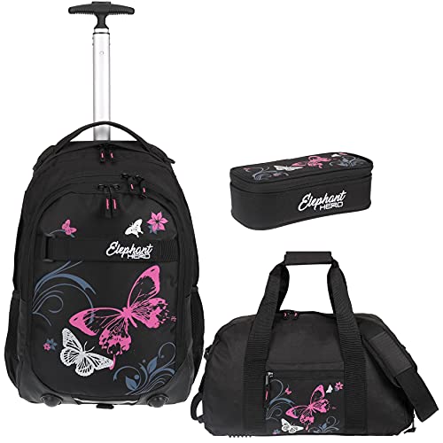 Schultrolley Mädchen 3 Teile Set Elephant Signature Hero Trolley + Sporttasche + Mäppchen Box 680 tsmb (NL Butterfly Pink tsmb) von Elephant