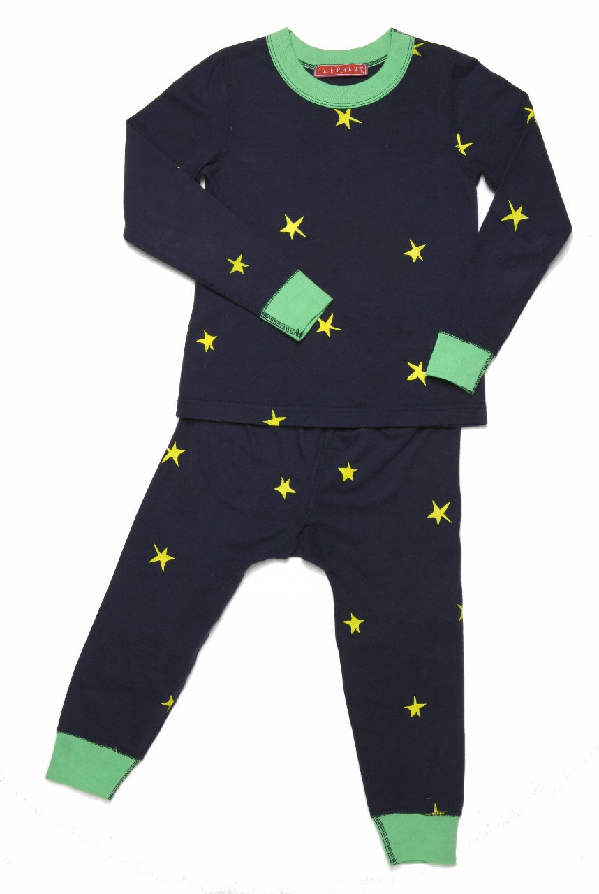 Schlafanzug, Navy Mit Gelben Sternen. 100% Bio-Baumwolle, Tolle Farbkombis Unisex von ElephantKids