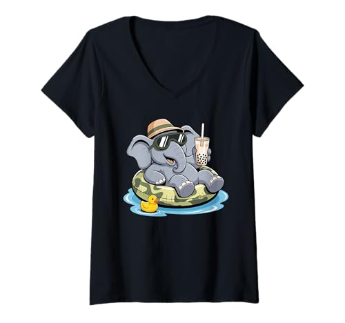 Damen Elefant Boba Perlen Milchtee Elefanten T-Shirt mit V-Ausschnitt Damen Elefant Boba Perlen Milchtee Elefanten T-Shirt mit V-Ausschnitt von Elephants Elephant Lover Gifts