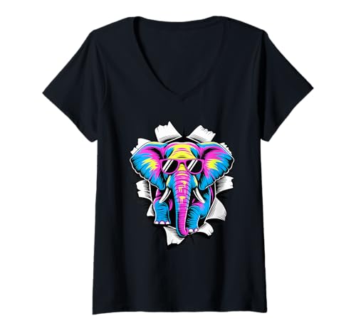 Damen Gerissener Papiereffekt Elefant Sonnenbrille Elefanten T-Shirt mit V-Ausschnitt Damen Gerissener Papiereffekt Elefant Sonnenbrille Elefanten T-Shirt mit V-Ausschnitt von Elephants Elephant Lover Gifts