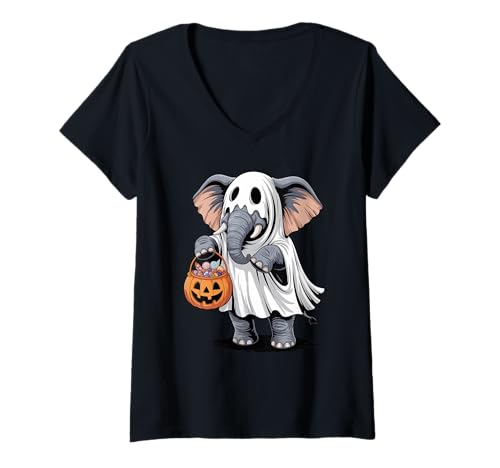 Damen Halloween Elefant Geist Kürbis Süßes Süßigkeiten T-Shirt mit V-Ausschnitt von Elephants Elephant Lover Gifts