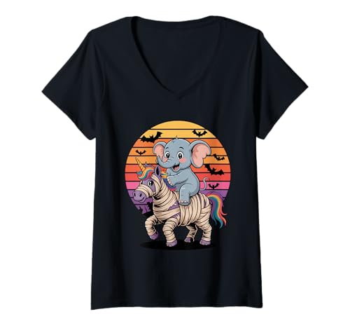 Damen Halloween Elefant Geist Kürbis Süßes Süßigkeiten T-Shirt mit V-Ausschnitt Damen Halloween Elefant Geist Kürbis Süßes Süßigkeiten T-Shirt mit V-Ausschnitt von Elephants Elephant Lover Gifts
